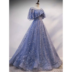 Hnewly Charming O-Neck Flounce Beaded Short Sleeves Evening Dress A-Line Floor Length Tulle Lace Up Custom Made Prom Dress