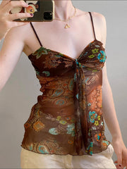 Hnewly Retro Mesh Floral Print Camis Sexy See Through Sleeveless Crop Top y2k Vintage Ruffles Tee Summer Holiday Transparent Top