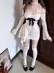 Hnewly Sexy Lace Patchwork Off Shoulder Dresses Y2k Slim Fit Long Sleeve Vestido Feminino 2025 Early Autumn New Dress for Women