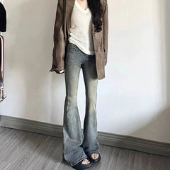 Hnewly Vintage High Waist Flared Jeans for Women Streetwear Elastic Slim Fit Bell Bottom Pants Woman Korean Ins Baggy Denim Trousers