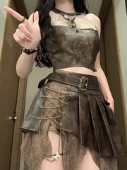 Hnewly Retro Fashion Spicy Girl Style Leather Halter TopTank Top Irregular Slimming Short Skirt Set Summer Two Piece Set Women Outfits