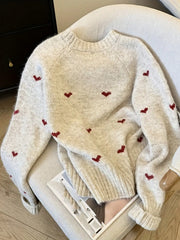 Hnewly New Plus Size Fall Winter Comfortable Heart Pattern Sweater Long Sleeve Pullover Round Neck Top Korean Popular Women's Clothes