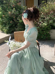 Hnewly French Elegant Evening Party Dress Women Summer Beach Style Casual V-neck Midi Dress Female Vintage Short Sleeve Korean Clothing