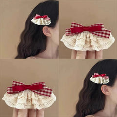 Hnewly 1pc Strawberry Jam Bowknot Ruffled Hair Clip, Sweet & Cute Lace Red Plaid Bow Hair Clip for Girls, Fashion Hair Accessory