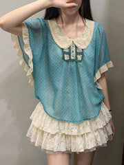 Hnewly Summer Y2k Aesthetic Two Pieces Set Wave Point Women Doll Collar Patchwork T-shirt + Lace Ruffled Sweet Mini Skirts Grunge Suit