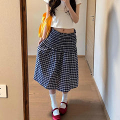 Hnewly Korean Elastic High Waist Plaid Skirt Women Summer Patchwork Sleeveless A Line Dress Woman Chic Pleated Midi Skirts Female