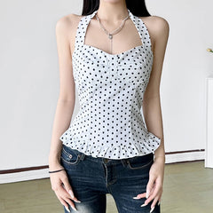 Hnewly Sweet Polka Dot Tank Top Elegant Cute Sleeveless Lace-up Halter Cropped Top for Women Summer Holiday Tees Korean Fashion