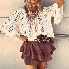 Hnewly Sexy Flared Sleeves Solid Color Beach T-shirt Spring Summer Loose Knitted Top Tees Fashion Women's V-neck Lace Up Hollow Blouses