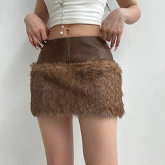 Hnewly rave inspo outfits Wild Fashion Zipper Pu Patchwork Faux Fur Women’s Skirts Chic Sexy Skinny Mini Leather Skirt