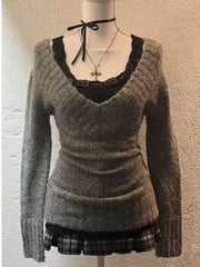 Hnewly Casual All-match V-neck Gray Knitted Pullover Autumn New Bottoming Tops Women Y2k Slim Fit Long Sleeve Sweaters Mujer