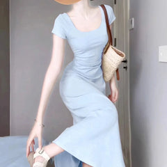 Hnewly Sexy Ruched Blue Bodycone Dress for Women Korean Solid O-Neck Maxi Dresses Woman Y2K Summer Short Sleeve Long Vestidos Mujer