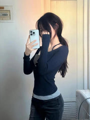 Hnewly FALL OUTFITS Japanese Hrajuku Crop Tops Y2k Aesthetics Long Sleeve Patchwork T-shirt Grunge Slim TShirt Kawaii Fairycore 2000s Clothes E-girl