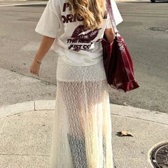 Hnewly Vintage Sheer Lace Maternity Skirts for Women Low Elastic Waist Loose Fit Long Skirt Casual Pregnancy Skirts Fashion Streetwear