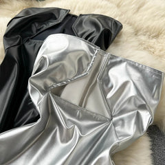 Hnewly Strapless Sexy Short Dress Summer Sleeveless Bodycon Hollow Out Fashion Y2K Women Evening PU Leather Slim Dress