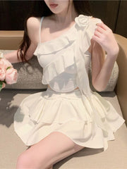 Hnewly Summer Japanese 2 Piece Skirt Set Women Off-the-Shoulder Sexy Y2k Crop Top Slim Fit Ruffle Y2k Mini Skirt Chiffon Korean