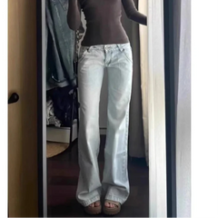 Hnewly Light Blue Low Waist Jeans Woman Streetwear American Vintage Denim Pants Female Casual Washed Straight Pantalons Mujer Fall