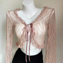 Hnewly Shirts Women Lace New Summer Sunscreen French Style Cropped Designed Sweet Gentle Elegant Office Lady Sexy Popular Chic Vintage