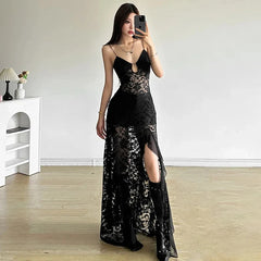Hnewly Gothic Lace Camis Dress for Women Summer Sexy Hollow Out Patchwork Split Midi Dress Y2K Streetwear Slim Irregular Party Vestidos