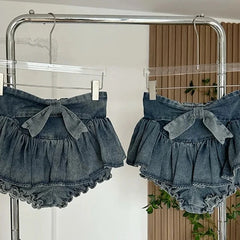 Hnewly A-line Women Denim Blue Jean Skirts Shorts Summer Bow Hot Girls Mini Skirt Streetwear Sexy Y2k Irregular Kawaii Coquette