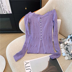 Hnewly Women Rib Knit Top Y2K Off-the-Shoulder Flyaway Front Long Sleeve Button-up Fitted Cardigan Teen-girl Coquette 90s Outfit
