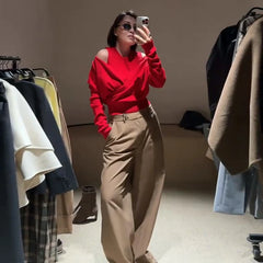 Hnewly Sexy Off Shoulder Knit Sweater Women Red Fake 2 Piece Buttons Long Sleeve Cropped Pullover Autumn Winter Lady Chic Knitwear