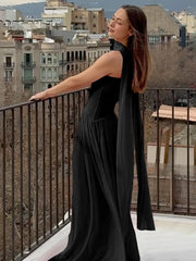 Hnewly Mesh Patchwork Maxi Dress Women Solid Scarf+Sexy Backless Strapless Ruffles Midnight Banquet Party Elegant Outfits