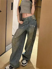 Hnewly Splatter-Paint Vintage Washed Jeans High-Waisted Baggy Graffiti Denim Pants Post-Apocalyptic Wide-Leg Drag Hem Jeans