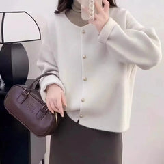 Hnewly Women Sweater Cardigan Polished Gold Button Up Soft Knitted Long Sleeve Sweater Jacket Top Fall Winter Korean Ladies Chic Outfit