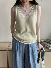 Hnewly Summer V-neck Shoulder Top Women Clothing Sweater Vest Pullover Fashion New Fake Two-piece Knit Tank Tops for Women Tops