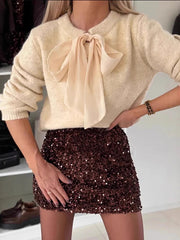 Hnewly Fashion Women's Slim Fit Sequin Skirt 2 Piece Set O-neck Knitted Long Sleeved Sweater Outfit Casual New Year Solid Color Suits