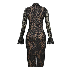 Hnewly Sexy Lace Hollow Out Women Dress Mandarin Collar Flare Sleeve Split Dresses Female Spring Autumn New Chic Lady Robe