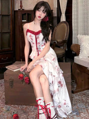 Hnewly French Elegant Evening Party Mini Dress Women Vintage Y2k Slim Bow Print Irregular Design Strap Dress Summer Beach Style Fashion