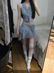 Hnewly Summer Two Pieces Set Summer Halter Print Slim Sweet Ruffled Vest + Women Y2k Aesthetic Streetwear 3D Flower Grunge Mini Skirts