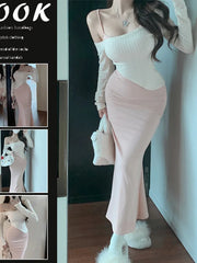 Hnewly Korean style two piece skirt set women's one shoulder knitted sweater spring suspender long Wrap buttocks dress two-piece set Z4