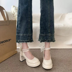 Hnewly Mary Jane Shoes Women's Spring New Ultra-high Heel Pearl Chain with Platform Block Heel Wedding Shoes Lolita Shoes