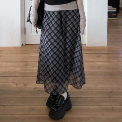 Hnewly Preppy Style Plaid Print Mesh Skirt Casual All-match Loose A-line Long Skirts for Women Summer Retro Skirt Korean Fashion
