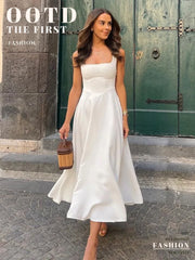 Hnewly Elegant Square Collar White Long Dress 2025 New Summer A-line Sleeveless Tank's Dress Fashion Vacation Party Wedding Women Dress