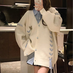 Hnewly y2k Sweaters 2000s Women Butterfly Print Side Drawstring Single Breasted Long Sleeve Loose Cardigan Tops Streetwear