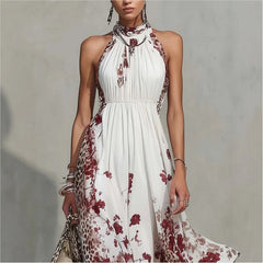 Lunivop Summer Hanging Neck Sleeveless Waist Party Maxi Dress Women Elegant Hollow Floral Print Pleated Lady Chic Evening Gown Vacation