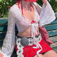 Hnewly Streetwear y2k Lace Smock T-shirt Solid White Flared Full Sleeve Bandage Cardigan Crop Top Women Vintage 2000s Tees Shirt
