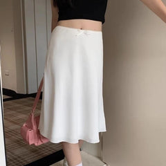 Hnewly Elegant White Women Satin Skirt Fairycore Ruffle Mid Skirts Coquette A-line Basic Casual Korean Style Summer Silk Skirt