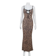 Hnewly Women's Summer Top Fashion Classic Leopard Print Straightening Skirt with Hollow Lace Dress