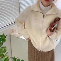Hnewly Rib Knit Zip Up Cardigan for Women Zipper Front Raglan Long Sleeve Sweater Jacket Coat Comfy Knitwear Fall Winter Vintage Outfit
