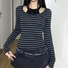 Hnewly y2k Gothic Tops Women Grunge Clothes Casual Striped Patchwork Round Neck Long Sleeve T Shirts 2000s Clothing Streetwear