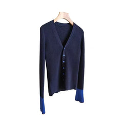 Hnewly Autumn Winter Contrasting Color Knitted Cardigan Sweater Women 2024 New V-neck Flared Sleeve Top Korean Slim Versatile Jacket