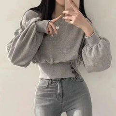 Hnewly FALL OUTFITS Autumn Women Solid O-Neck Slim Crop Top Lantern Sleeve With Button Sweat Casual Hip-Hop Sporty Pullover Sweet Chic Street Wear