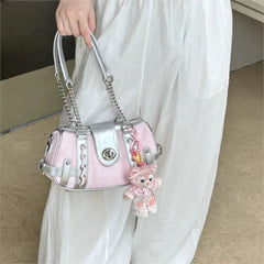 Hnewly Hot Girls Pink Shoulder Bags Women Versatile Large Capacity Y2k Handbag Ladies Harajuku Aesthetic Patchwork Chain Underarm Bag