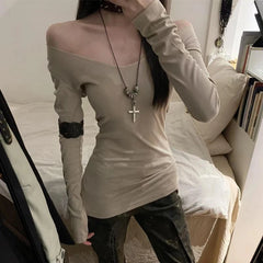 Hnewly y2k Grunge Tops Women Fairycore Clothes Contrast Cross Off Shoulder Long Sleeve T Shirts 2000s Goth Clothing Streetwear