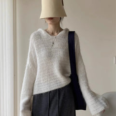 Hnewly Grey Mohair Knit Hooded Sweater for Women Loose Bell-Sleeve Pullover Hoodie Female Autumn Winter Casual Chic Outfit