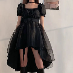 Hnewly harajuku black tulle puff sleeves dress woman french slim fit square collar asymmetrical dresses female summer party belt dress